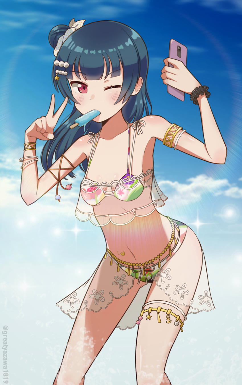 1girl, armlet, bang, bikini, black_scrunchie, blue_hair, blush, bracelet