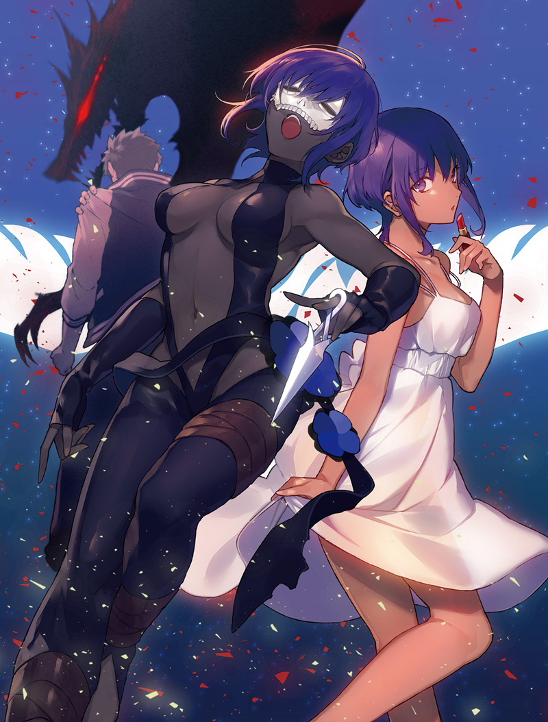 1boy, 2girls, bare_shoulders, black_gloves, black_hair, black_leotard, breasts, center_opening