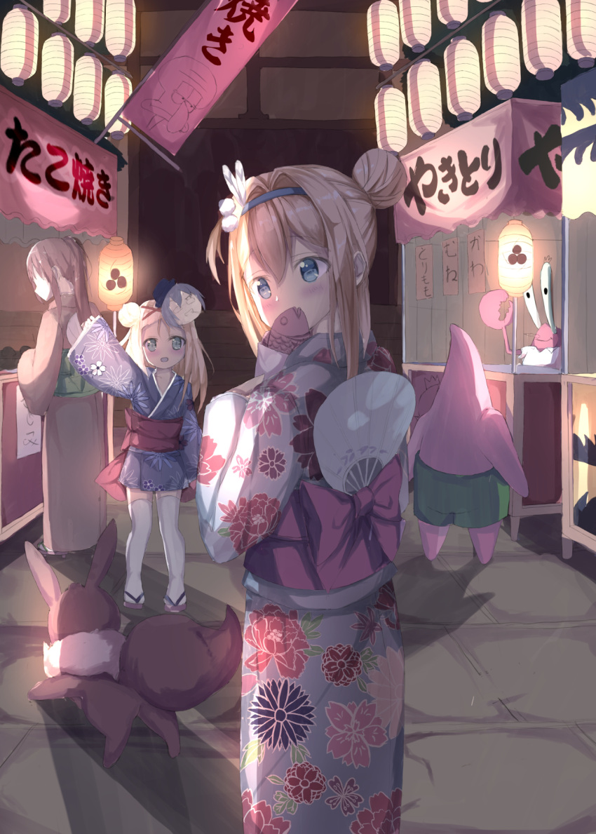 3girls, blonde_hair, blue_eyes, creatures_(company), eevee, fan, festival, food, game_freak, gen_1_pokemon, geta, girls_frontline, highres, japanese_clothes, kimono, lantern, long_sleeves, mask, mask_on_head, mp5_(girls_frontline), mr._krab, multiple_girls, natsuki_(digretking), nintendo, obi, paper_fan, paper_lantern, patrick_star, pokemon, pokemon_(creature), sash, short_kimono, spongebob_squarepants, squidward_tentacles, stall, suomi_kp31_(girls_frontline), takoyaki, thigh-highs, waving, yukata
