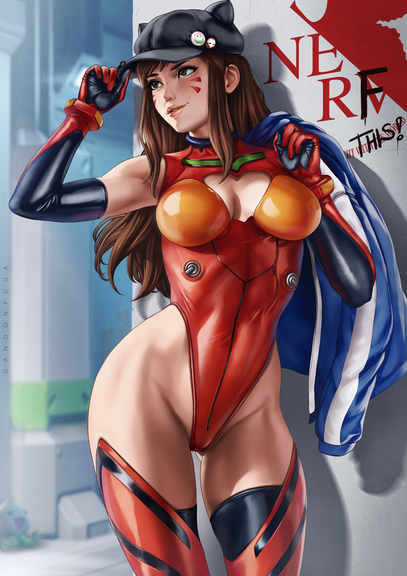 1girl, artist_name, badge, blurry, blurry_background, bodysuit, breasts, brown_eyes