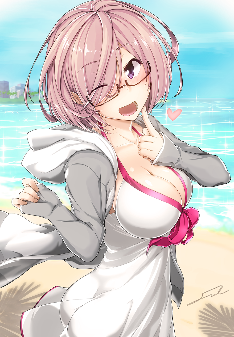 1girl, beach, bikini, black-framed_eyewear, blush, bow, bow_swimsuit, breasts