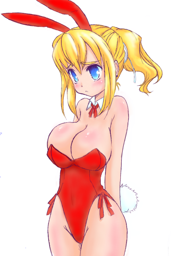 bare_legs, blonde_hair, blue_eyes, breasts, bunny_ears, bunnysuit, large_breasts, long_hair