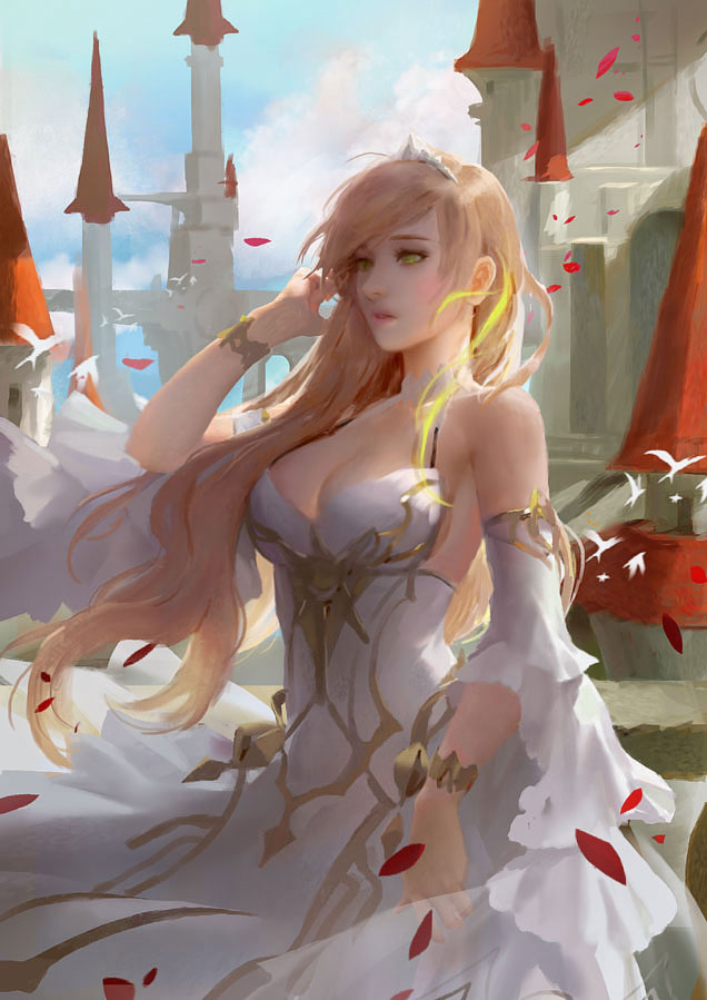 angelia, bare_shoulders, bird, blonde_hair, blue_sky, bracelet, breasts, castle