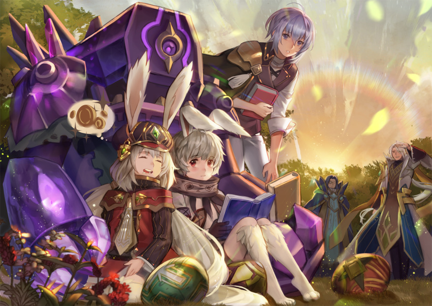 1girl, 4boys, animal_ears, aosta_(sdorica_-sunset-), black_gloves, book, brother_and_sister, character_request