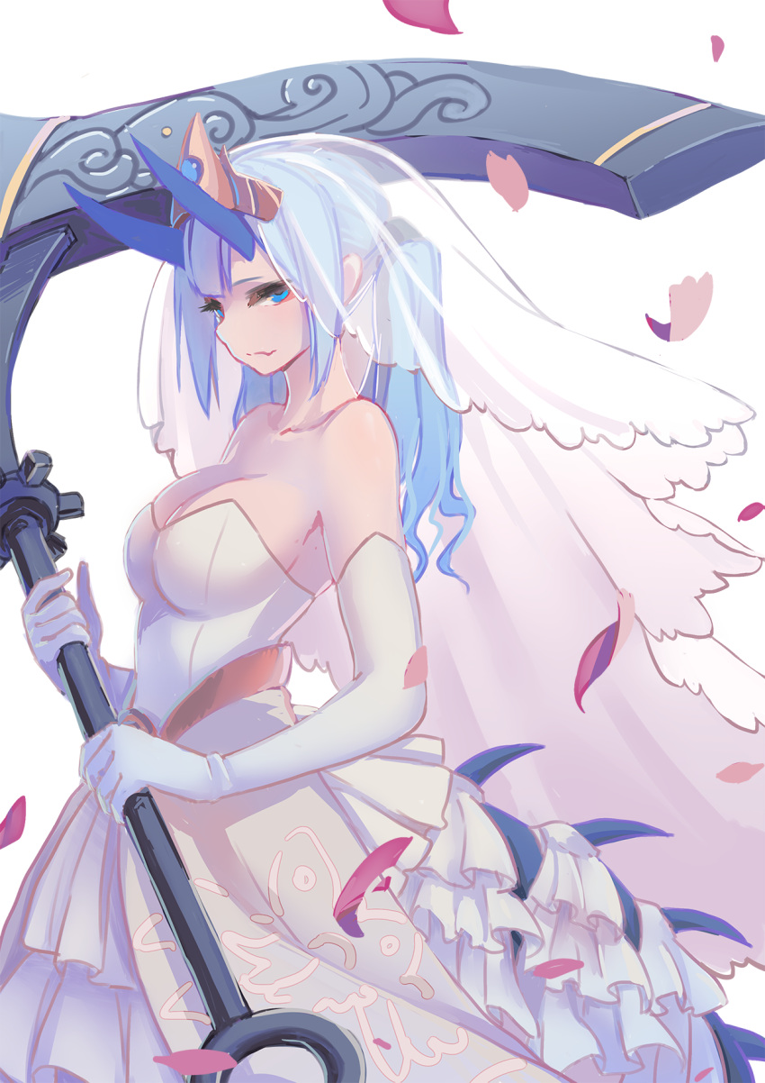 1girl, bangs, bare_shoulders, blue_eyes, blue_hair, blue_horns, breasts, bride, cleavage, closed_mouth, dragon_girl, dragon_horns, dragon_tail, dress, elatius_the_anchorwielder, elbow_gloves, fang, from_side, gloves, highres, holding, holding_scythe, holding_weapon, horns, large_breasts, long_hair, looking_at_viewer, original, petals, pixiv_fantasia, pixiv_fantasia_revenge_of_the_darkness, scythe, solo, strapless, strapless_dress, tail, tiara, twintails, virgosdf, wavy_hair, weapon, wedding_dress