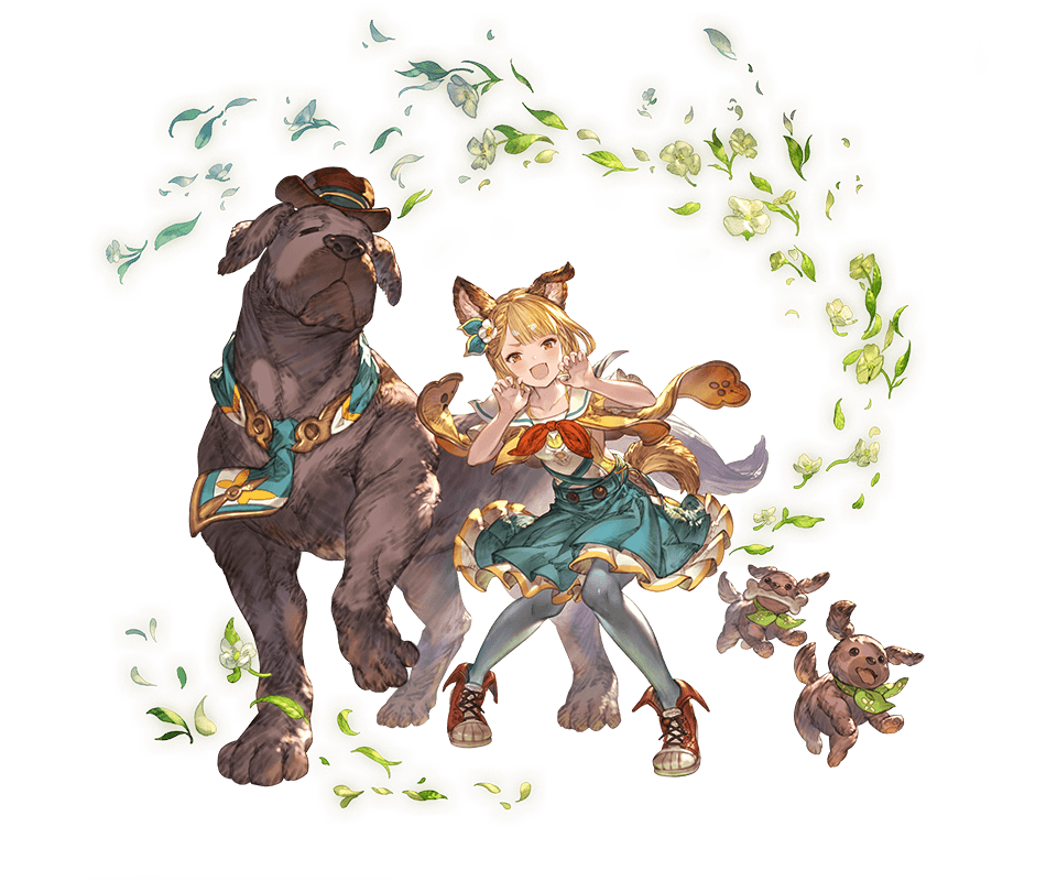 >:d, alternate_costume, animal_ears, black_legwear, blonde_hair, bone, braid, brown_eyes, claw_pose, dog, dog_ears, dog_tail, dress, erune, flower, french_braid, frills, garjana, granblue_fantasy, green_ribbon, hair_flower, hair_ornament, hair_ribbon, hat, high-waist_skirt, jacket, minaba_hideo, pleated_skirt, red_neckwear, ribbon, short_hair, short_sleeves, skirt, tail, vajra_(granblue_fantasy), yellow_jacket