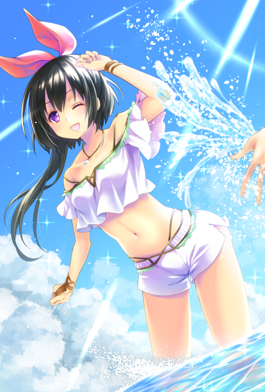 1girl, ;d, amahane_tobari, bangle, bracelet, clouds, crop_top, day