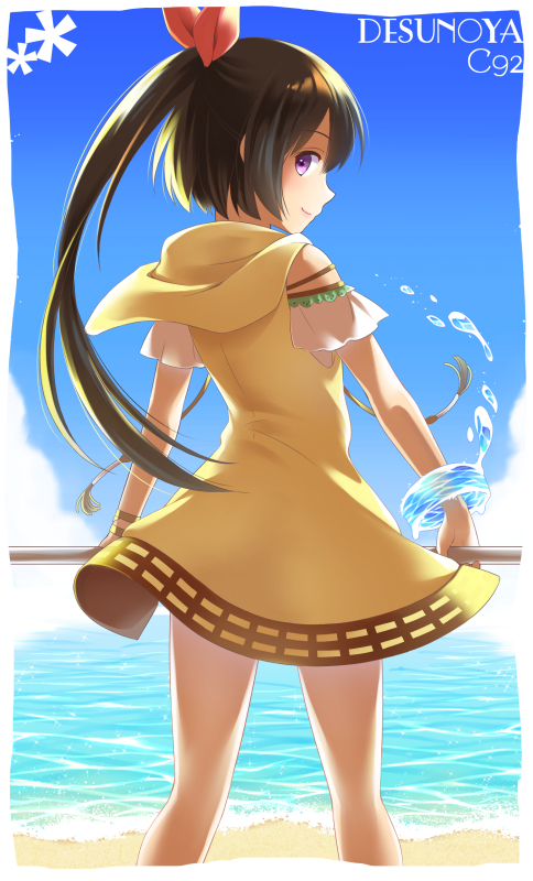 1girl, alternate_color, amahane_tobari, beach, border, brown_hair, closed_mouth, clouds