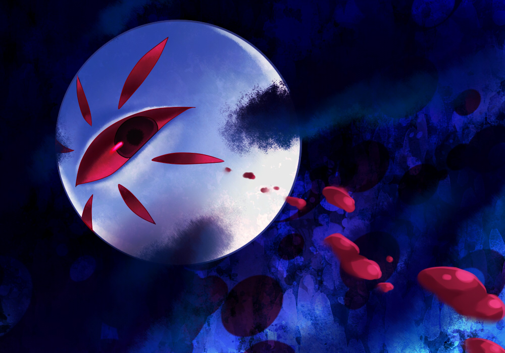 attack, black_clouds, blood, blue_background, commentary_request, dark, dark_background, dark_clouds