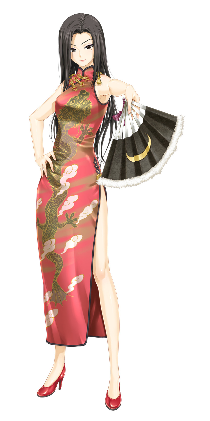 1girl, bare_arms, black_hair, brown_eyes, china_dress, chinadress, chinese_clothes, closed_mouth, crescent, crescent_moon, dragon, fan, female, folding_fan, full_body, getsurei_ryu, hand_on_hip, happoubi_jin, high_heels, highres, holding, holding_fan, long_hair, mole, mole_under_eye, moon, no_socks, print_dress, red_footwear, red_shoes, shoes, side_slit, simple_background, sleeveless, sleeveless_dress, solo, standing, white_background, zettai_shougeki