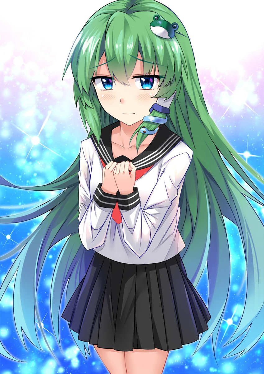 alternate_costume, alternate_outfit, black_skirt, blue_background, blue_eyes, blush, closed_hands, collar