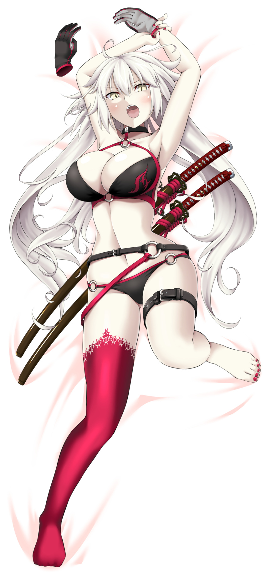 1girl, absurdres, ahoge, asymmetrical_legwear, bed_sheet, bikini, black_bikini, blush