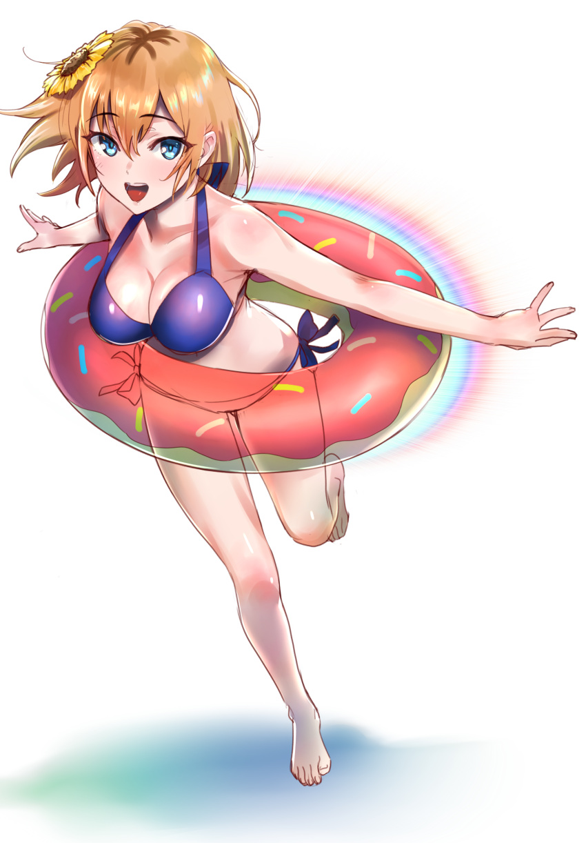 1girl, :d, absurdres, barefoot, bikini, blue_eyes, breasts, cleavage