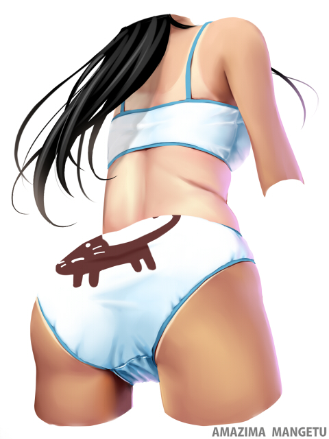 1girl, amazima_mangetu, animal_print, artist_name, ass, back, back-print_panties, black_hair, bra, cat_print, commentary_request, cropped_legs, cropped_neck, crossed_arms, crotch_seam, from_behind, leaning_forward, long_hair, original, panties, print_panties, signature, simple_background, solo, standing, thighs, underwear, underwear_only, white_background, white_bra