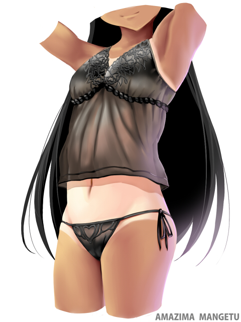 1girl, amazima_mangetu, armpits, arms_up, artist_name, black_panties, black_shirt, breasts