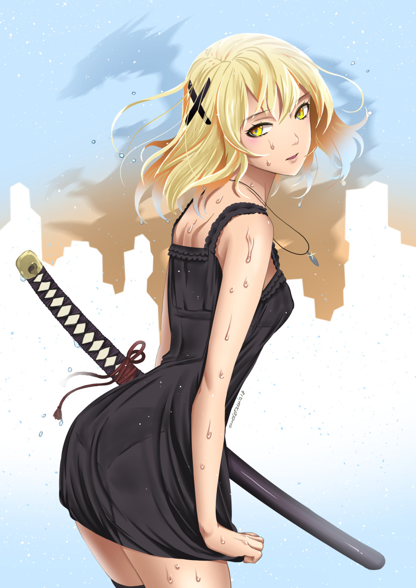 1girl, 2018, absurdres, bangs, black_dress, black_legwear, blonde_hair, blush, border, breasts, building, building_print, dated, dress, eudetenis, hair_between_eyes, hair_ornament, head_tilt, highres, holding, holding_clothes, holding_sword, holding_weapon, jewelry, katana, lips, lipstick, long_hair, looking_at_viewer, looking_back, makeup, necklace, original, parted_lips, pendant, pink_lipstick, profile, see-through, sheath, sheathed, signature, sleeveless, sleeveless_dress, small_breasts, solo, standing, sweat, sweatdrop, sword, thigh-highs, weapon, x_hair_ornament, yellow_eyes