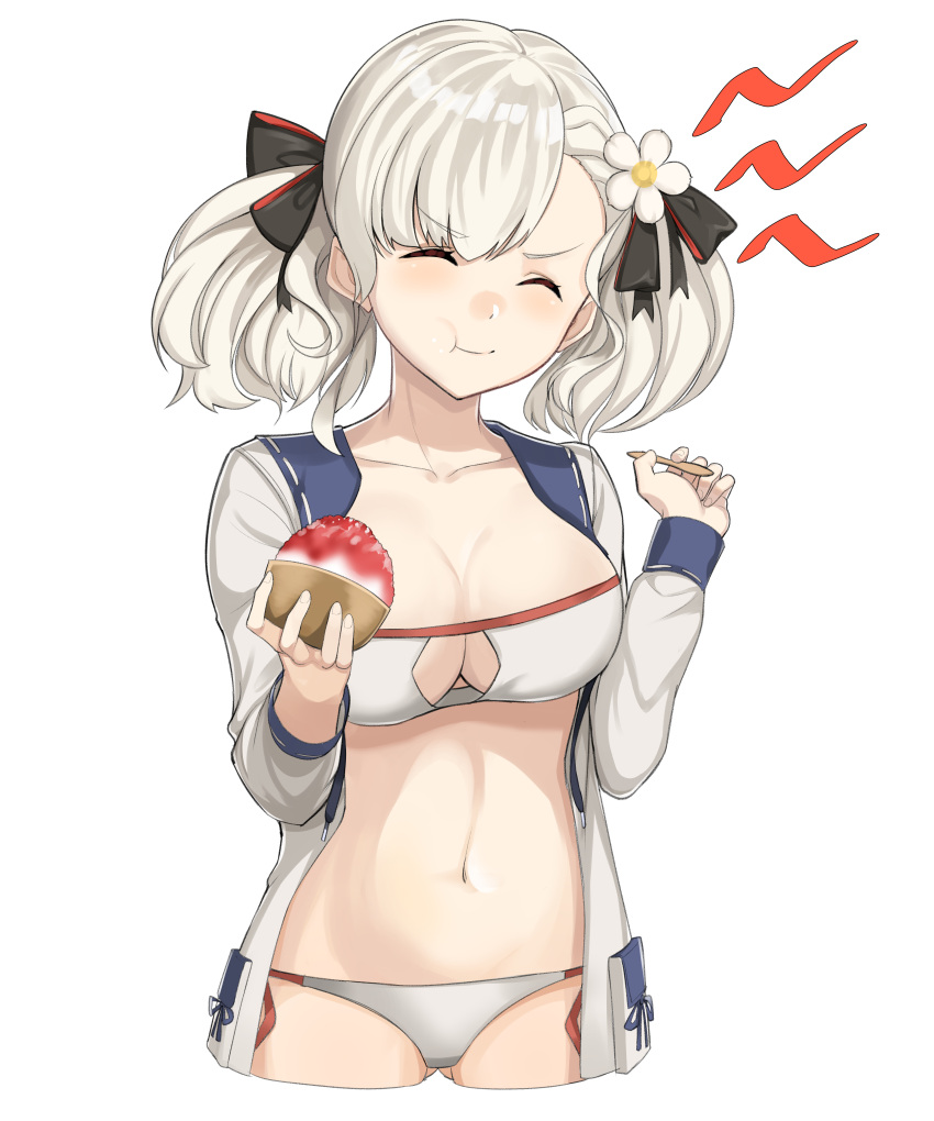 1girl, absurdres, alternate_costume, anvel, bangs, bikini, black_ribbon, blush