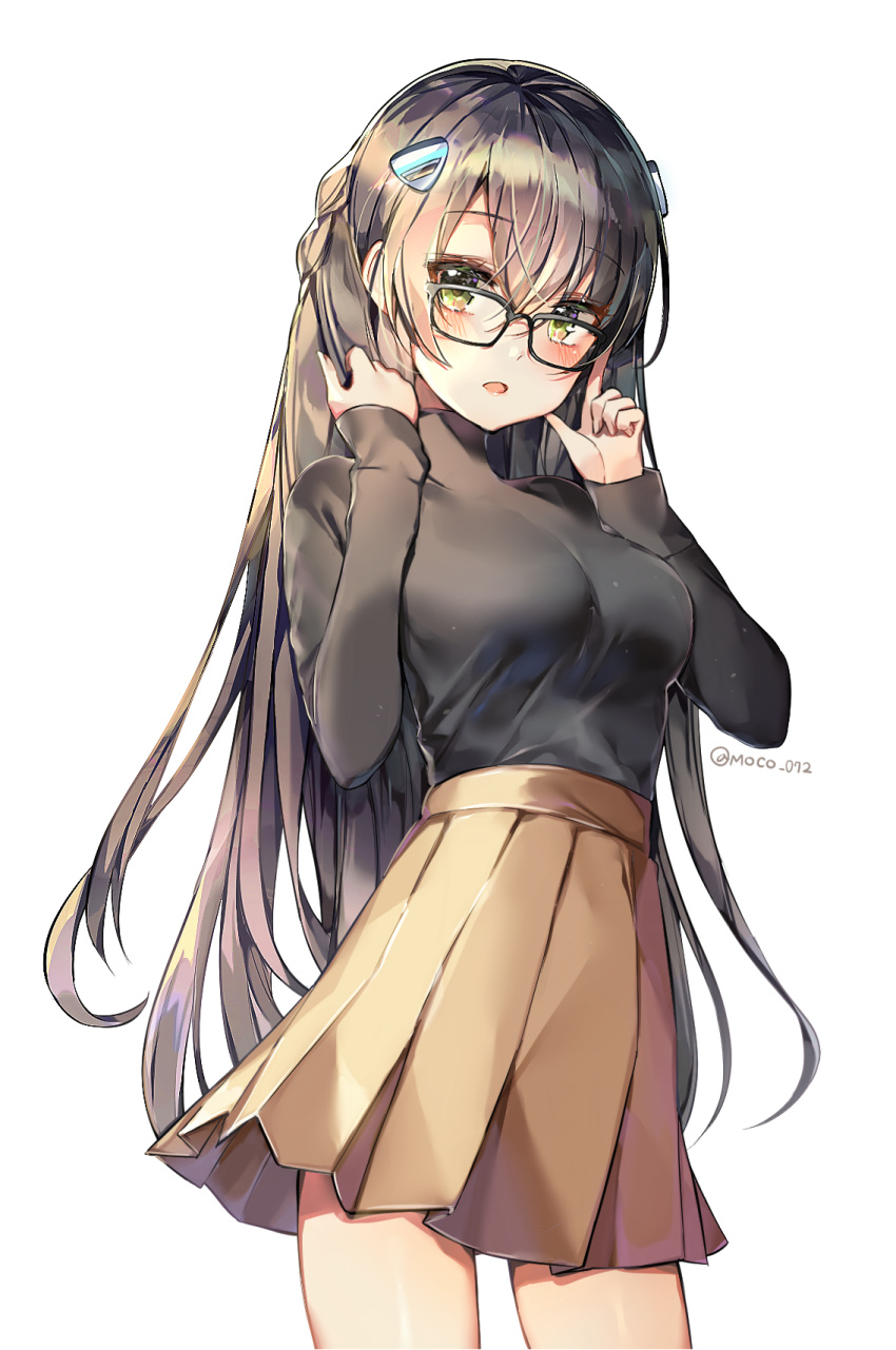 1girl, adjusting_eyewear, arms_up, bangs, black_sweater, blush, braid, breasts
