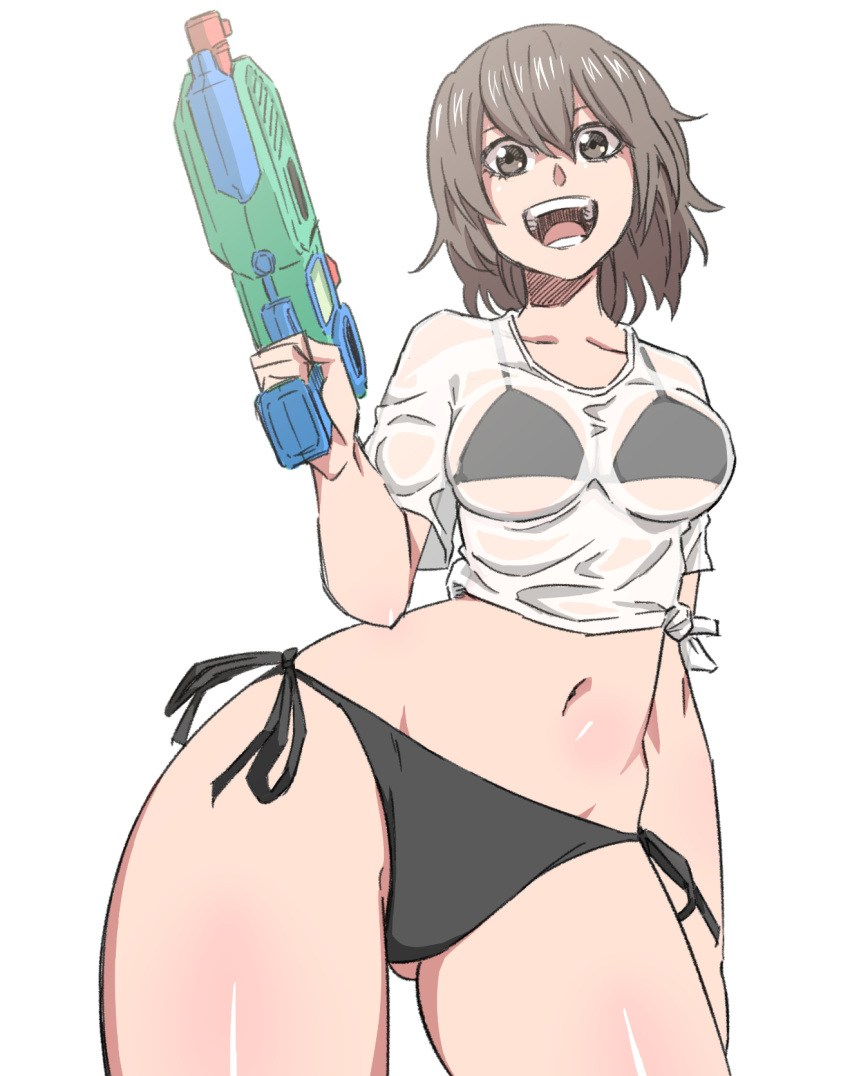 1girl, bikini, breasts, brown_eyes, brown_hair, from_below, highres, hips