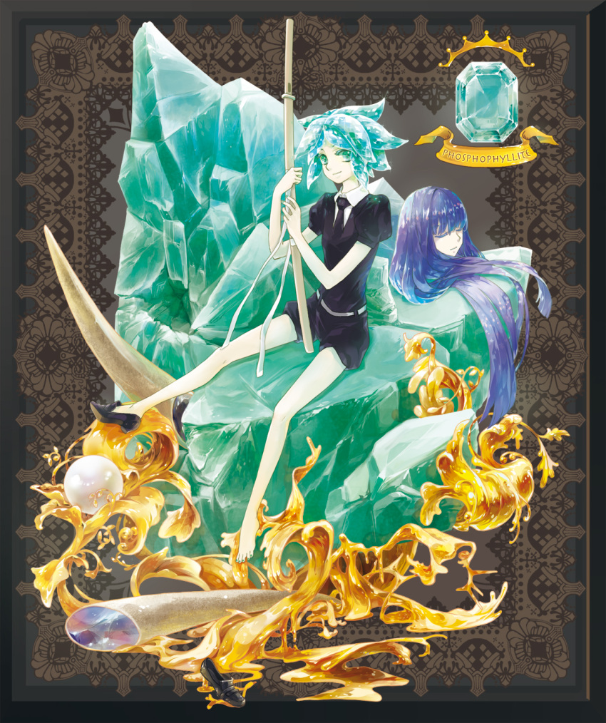 1other, agate, androgynous, aqua_eyes, aqua_hair, barefoot, blue_hair, character_name, closed_eyes, colored_eyelashes, crystal, crystal_hair, disembodied_head, gem, gem_uniform_(houseki_no_kuni), gold, green_eyes, green_hair, highres, houseki_no_kuni, lapis_lazuli_(houseki_no_kuni), long_hair, looking_at_viewer, necktie, pearl, phosphophyllite, phosphophyllite_(stone), short_hair, sitting, smile, solo, spoilers, sword, weapon
