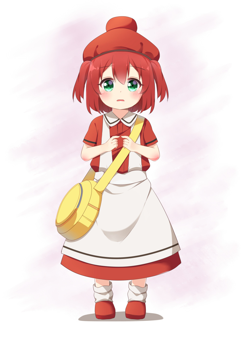 1girl, absurdres, agung_syaeful_anwar, apron, bag, bangs, beret, blush