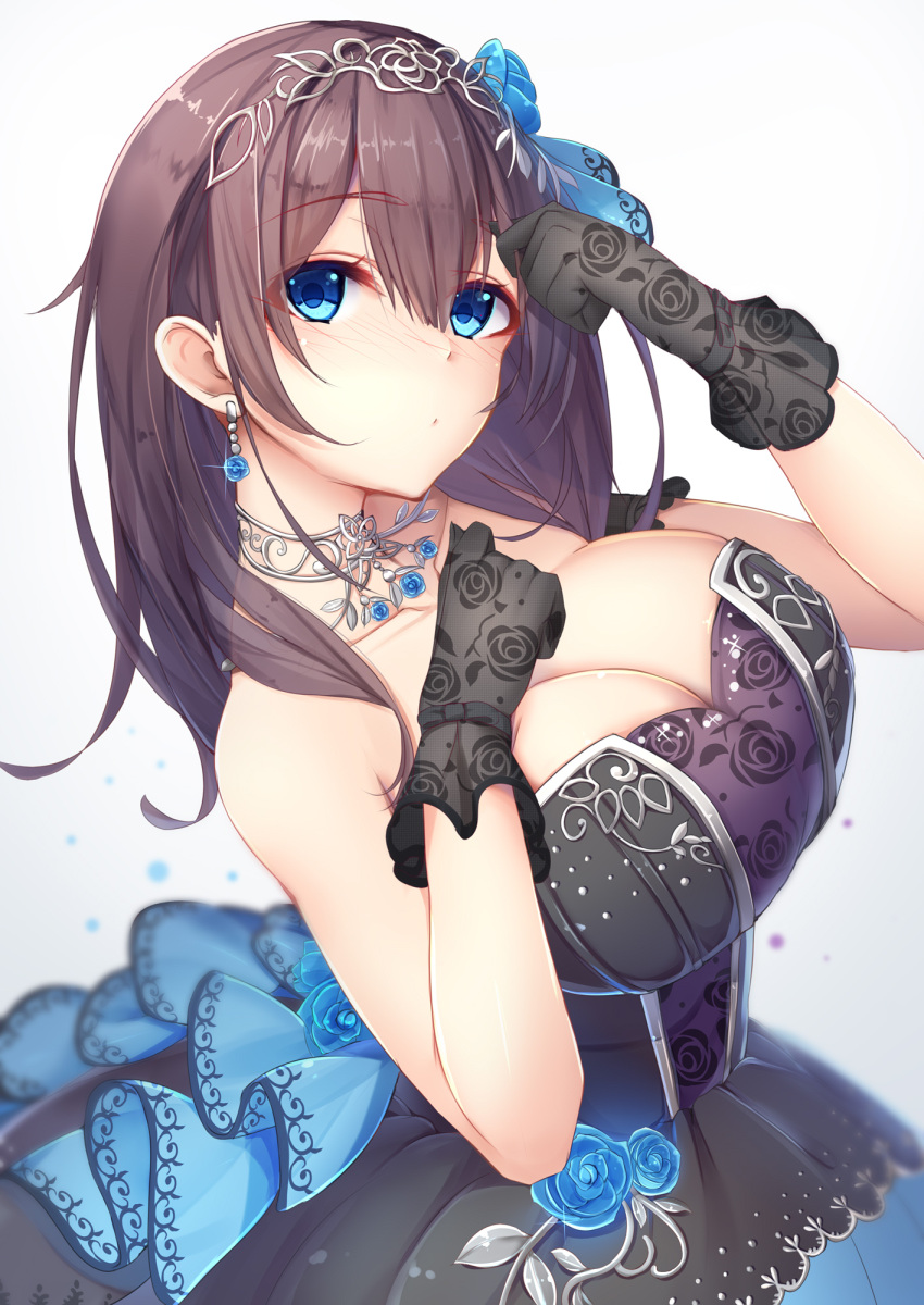 1girl, bangs, bare_shoulders, black_dress, black_gloves, blue_eyes, blue_flower, blue_ribbon