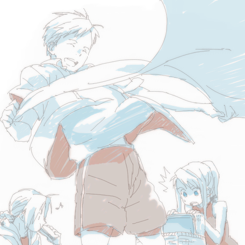 1girl, 2boys, ^_^, alphonse_elric, antenna_hair, bangs, basket, blanket
