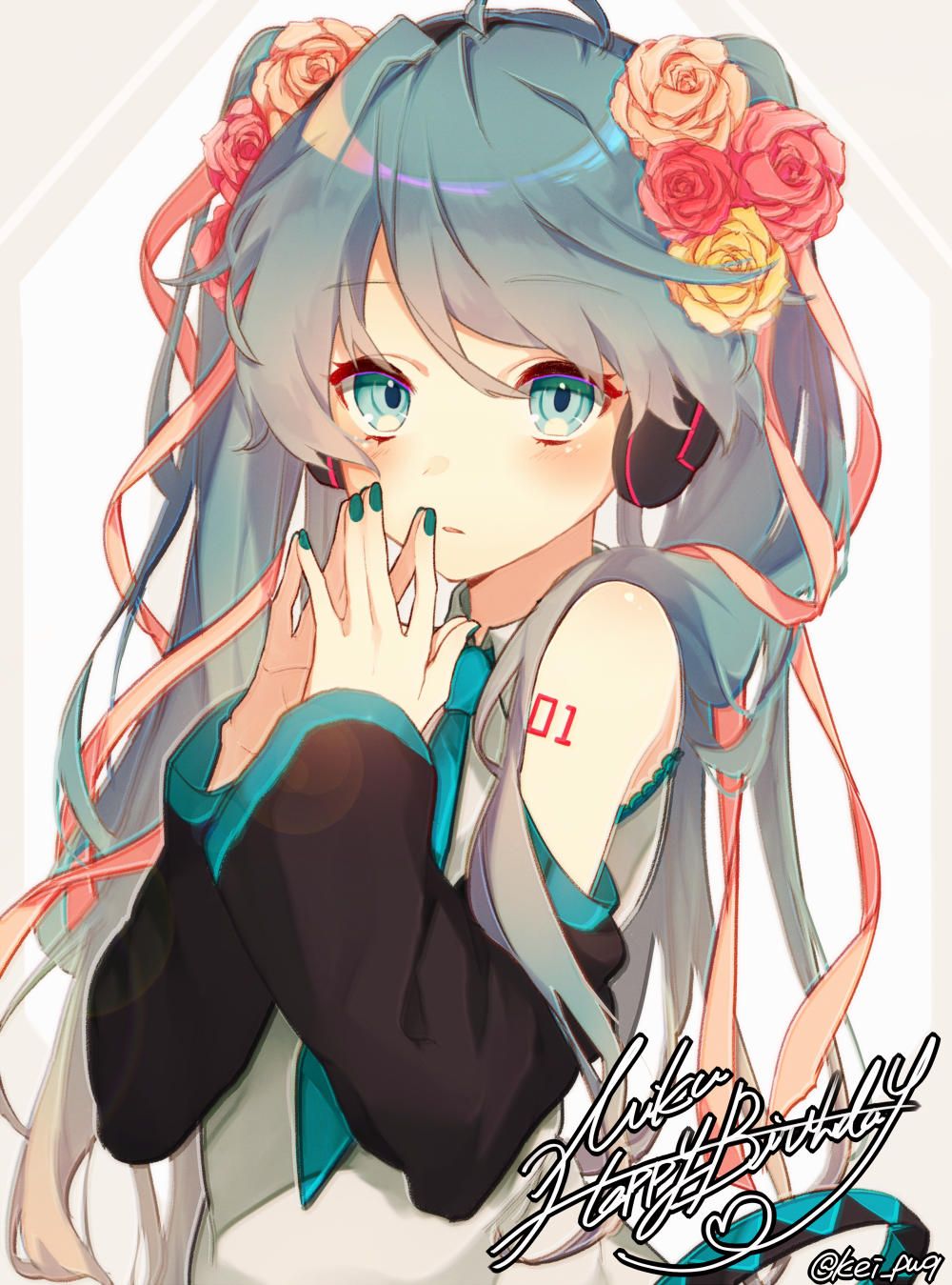 1girl, ahoge, bangs, bare_shoulders, blue_eyes, blue_hair, blue_neckwear, blush