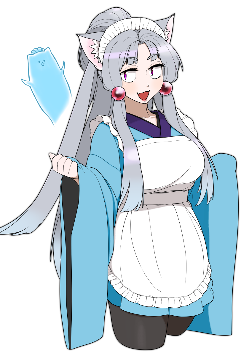 1girl, :3, :d, animal_ear_fluff, animal_ears, apron, black_legwear, cowboy_shot