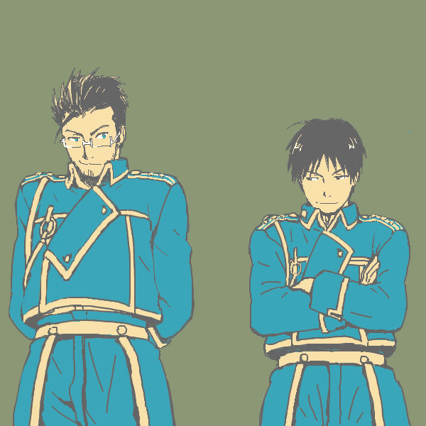 2boys, amestris_military_uniform, arms_behind_back, beard, black_eyes, black_hair, blue_eyes, crossed_arms