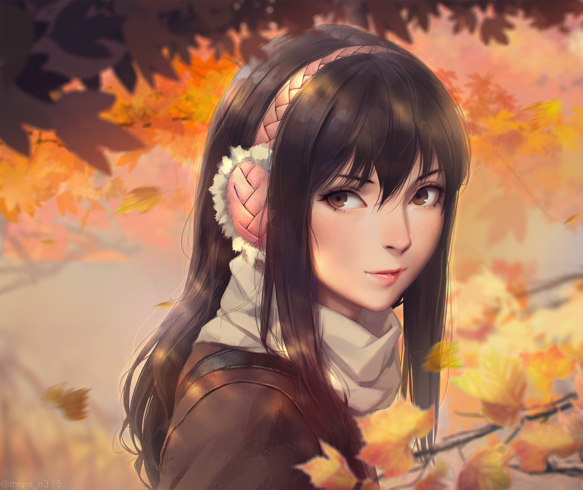 1girl, autumn, autumn_leaves, bangs, black_hair, blush, brown_eyes, brown_jacket