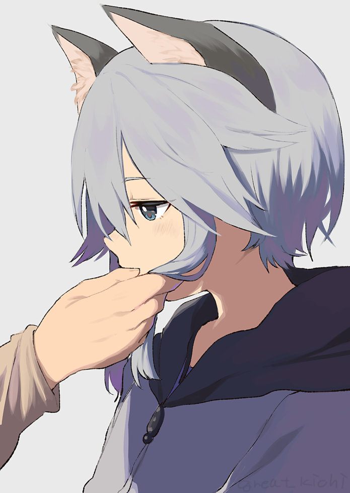 1boy, animal_ears, blue_eyes, blush, cat_ears, catboy, great_kichi, hand_in_another's_hair