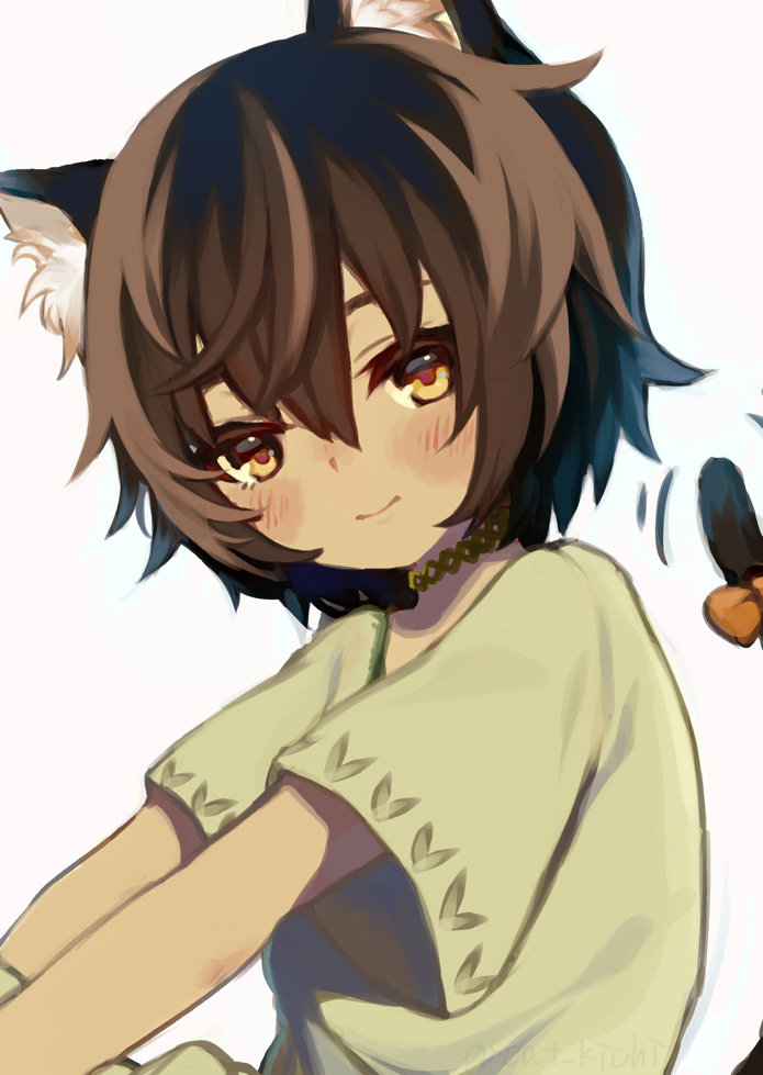 1boy, animal_ears, blush, brown_hair, cat_boy, cat_ears, cat_girl, cat_tail