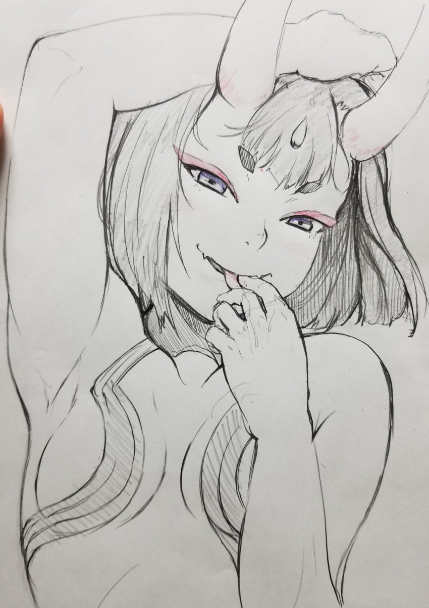 1girl, armpits, breasts, commentary_request, eyeliner, fate/grand_order, fate_(series), highres, horns, hosshi_(nariagari), makeup, oni, oni_horns, open_mouth, short_hair, shuten_douji_(fate/grand_order), small_breasts, solo
