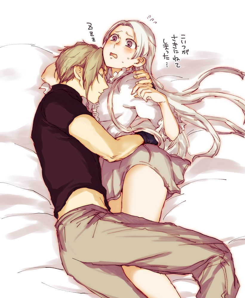 1boy, 1girl, breasts, brown_hair, chris_lightfellow, closed_mouth, commentary_request, gensou_suikoden, gensou_suikoden_iii, long_hair, nash_latkje, ruruo_(p76), short_hair, silver_hair