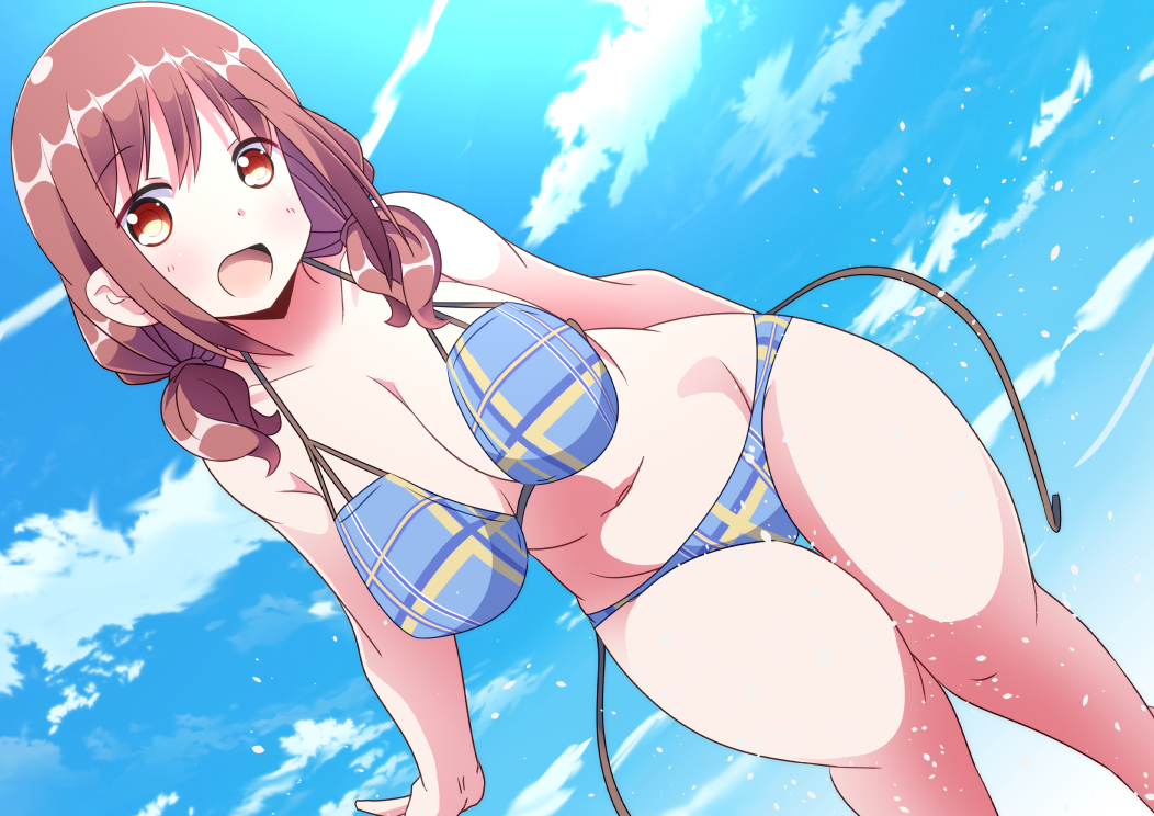 1girl, :d, bangs, bikini, blue_bikini, breasts, brown_eyes, brown_hair, curvy, day, dutch_angle, eyebrows_visible_through_hair, hair_over_shoulder, harukana_receive, large_breasts, looking_at_viewer, low_twintails, naruse_mai, navel, oozora_haruka_(harukana_receive), open_mouth, outdoors, plaid, plaid_bikini, sky, smile, solo, swimsuit, twintails