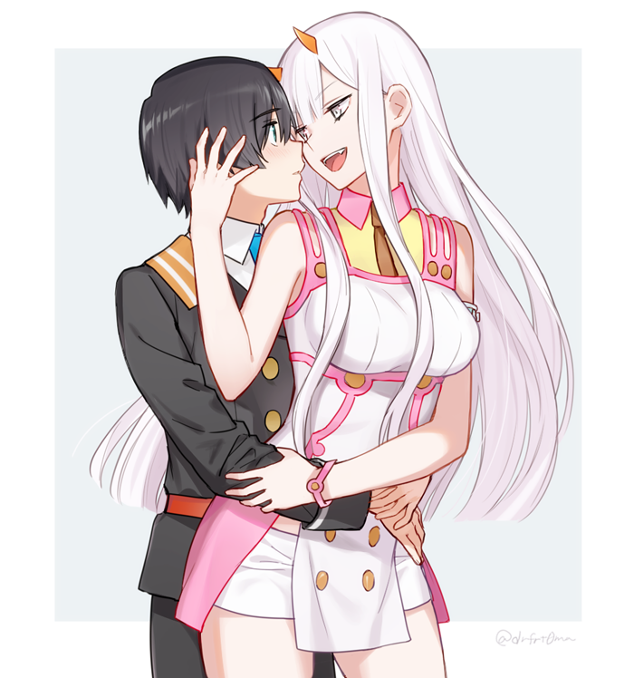 1boy, 1girl, bangs, bare_shoulders, black_hair, blue_eyes, blue_neckwear, blush
