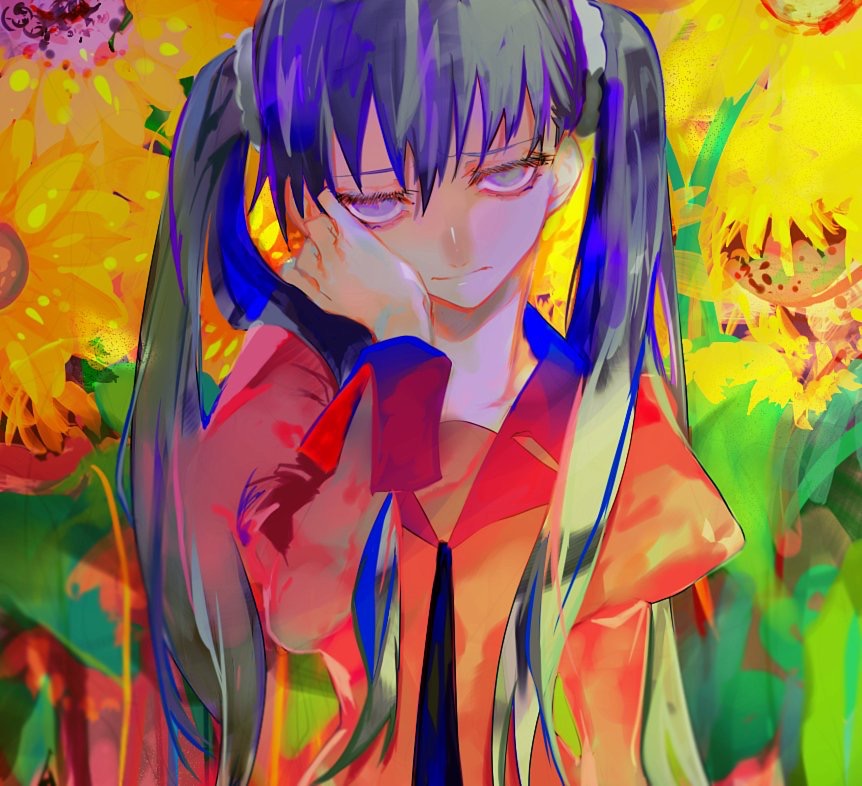 1girl, eyelashes, flower, grey_eyes, grey_hair, hair_between_eyes, hair_ornament, hair_scrunchie, hand_on_own_face, juliet_sleeves, long_sleeves, looking_at_viewer, monogatari_(series), necktie, oikura_sodachi, puffy_sleeves, school_uniform, scrunchie, solo, sunflower, twintails, um630, upper_body