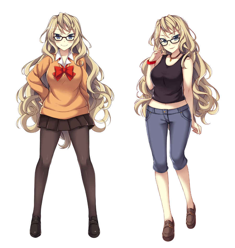 1girl, black-framed_eyewear, blonde_hair, blue_eyes, bracelet, breasts, brown_legwear, casual