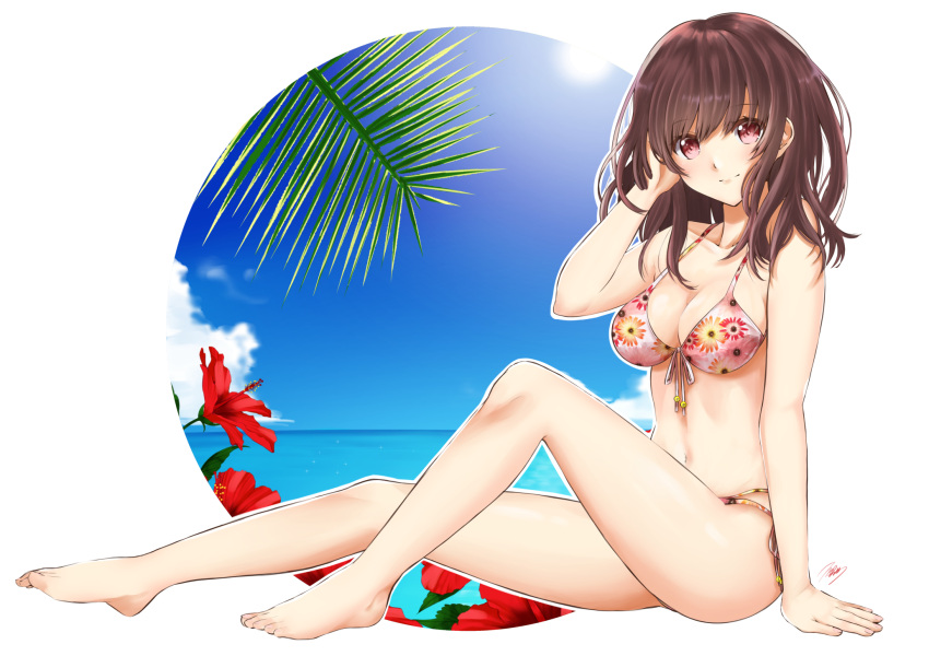 1girl, arm_support, arm_up, artist_name, barefoot, bikini, blue_sky, blush, breasts, brown_hair, clouds, collarbone, eyebrows_visible_through_hair, feet, floral_print, flower, front-tie_bikini, front-tie_top, hair_between_eyes, hand_in_hair, hibiscus, highres, knee_up, light_smile, long_hair, looking_at_viewer, mar0maru, medium_breasts, multi-strapped_bikini, navel, ocean, original, outside_border, palm_leaf, print_bikini, red_eyes, shiny, shiny_skin, side-tie_bikini, sidelocks, signature, sitting, sky, solo, string_bikini, sun, swimsuit