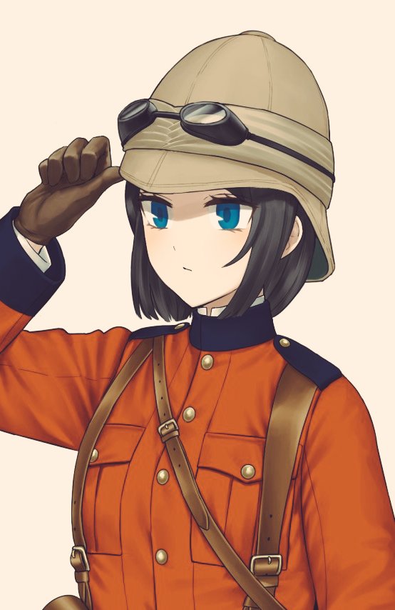 1girl, adjusting_clothes, adjusting_hat, black_hair, blue_eyes, british, epaulettes, gloves