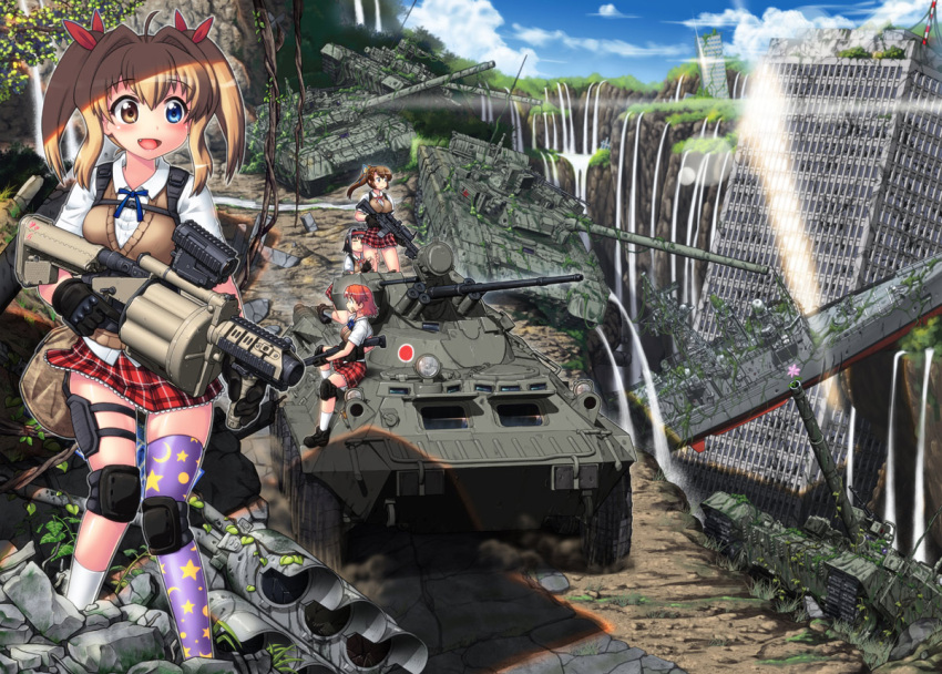 4girls, :3, apocalypse, bandaid, bandaid_on_face, battleship, black_hair, blonde_hair, brown_hair, btr-80, building, commentary_request, fang, gloves, grenade_launcher, ground_vehicle, gun, hair_ribbon, hase_yu, headband, heterochromia, knee_pads, kneehighs, load_bearing_vest, mgl-140, military, military_vehicle, motor_vehicle, multiple_girls, original, pleated_skirt, ponytail, redhead, ribbon, rifle, rubbing, ruins, school_uniform, scope, ship, shotgun, skirt, sky, sniper_rifle, tank, thigh-highs, traffic_light, twintails, vertical_foregrip, warship, water, watercraft, waterfall, weapon, weapon_request, zettai_ryouiki
