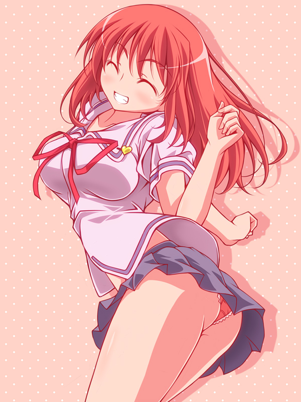 1girl, arched_back, ass, bangs, blouse, breasts, clenched_hands, closed_eyes