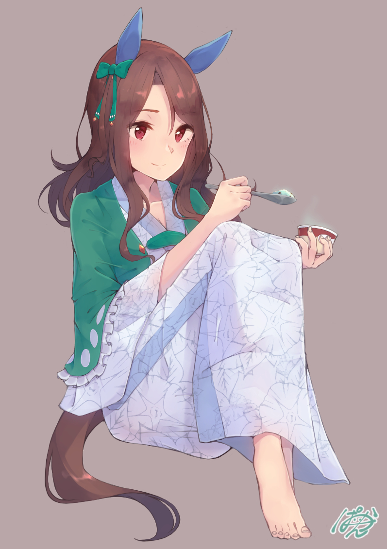 1girl, animal_ears, barefoot, blush, bow, brown_background, brown_eyes, brown_hair