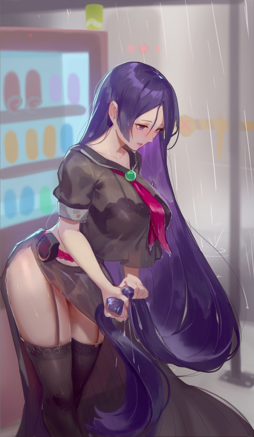 1girl, absurdly_long_hair, absurdres, black_bra, black_legwear, black_shirt, black_skirt, blush, bra, breasts, collarbone, crop_top, cubies_(tiger_205), fate_(series), from_side, garter_straps, highres, large_breasts, leaning_forward, long_hair, minamoto_no_raikou_(fate/grand_order), neckerchief, parted_lips, purple_hair, rain, sailor_collar, see-through, shirt, short_sleeves, skirt, solo, standing, thigh-highs, underwear, vending_machine, very_long_hair, violet_eyes, wet, wet_clothes, wringing_hair