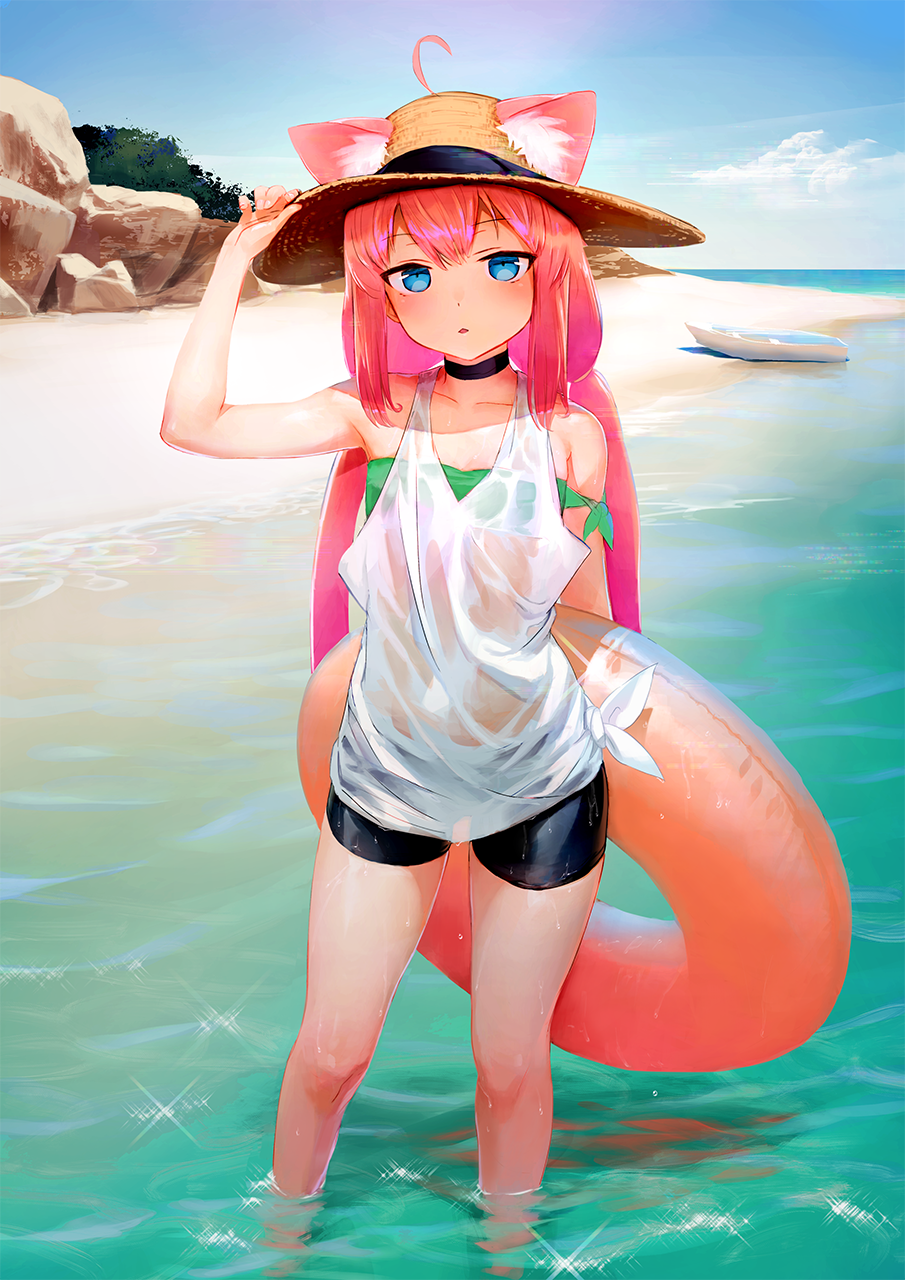 1girl, ahoge, animal_ear_fluff, animal_ears, armband, bangs, beach, bike_shorts, black_choker, blue_eyes, blue_sky, boat, cat_ears, choker, eyebrows_visible_through_hair, feet_out_of_frame, green_tubetop, hand_on_headwear, hat, highres, hinata_channel, innertube, long_hair, looking_at_viewer, low_twintails, nekomiya_hinata, ocean, outdoors, pink_hair, shirt, sky, sleeveless, sleeveless_shirt, solo, standing, strapless, straw_hat, sun_hat, treeware, tubetop, twintails, virtual_youtuber, wading, watercraft, wet, wet_clothes, wet_shirt, white_shirt