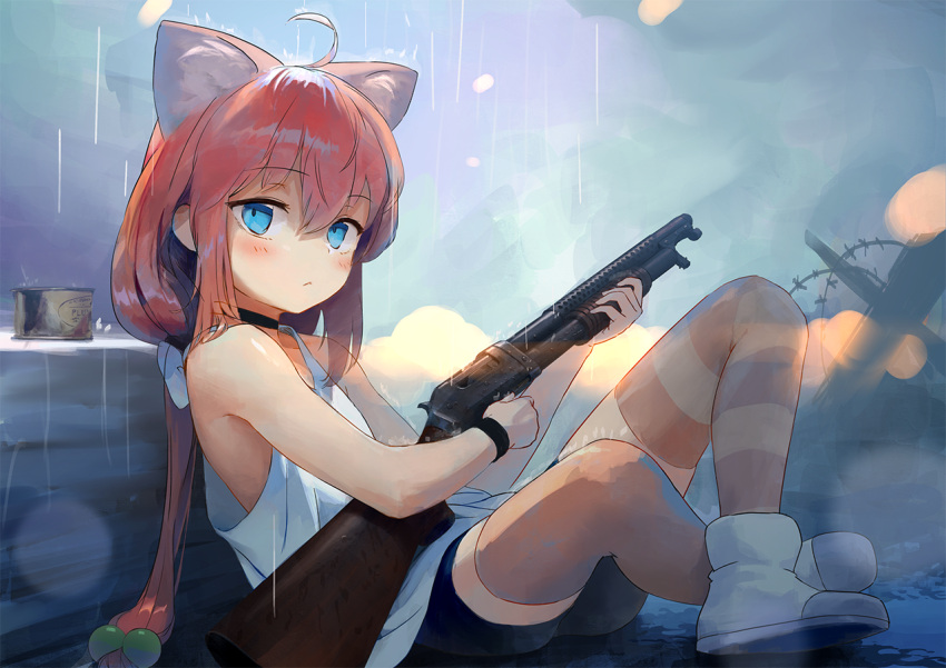 1girl, :<, ahoge, animal_ear_fluff, animal_ears, barbed_wire, bare_shoulders, battlefield_(series), battlefield_1, bike_shorts, blue_eyes, blush, cat_ears, closed_mouth, czech_hedgehog, eyebrows_visible_through_hair, gun, hair_bobbles, hair_ornament, hinata_channel, holding, holding_gun, holding_weapon, long_hair, looking_at_viewer, looking_to_the_side, loose_clothes, nekomiya_hinata, on_ground, pink_hair, rain, rifle, shoes, shotgun, sitting, solo, striped, striped_legwear, thigh-highs, treeware, very_long_hair, virtual_youtuber, weapon, white_legwear, winchester_model_1897, wristband