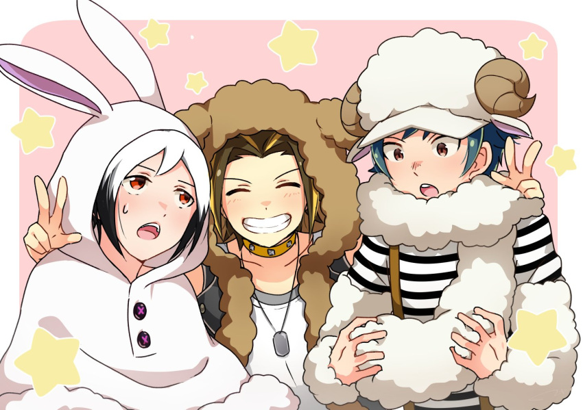 3boys, animal_hood, brown_eyes, brown_hair, bunny_hood, capelet, closed_eyes, cosplay