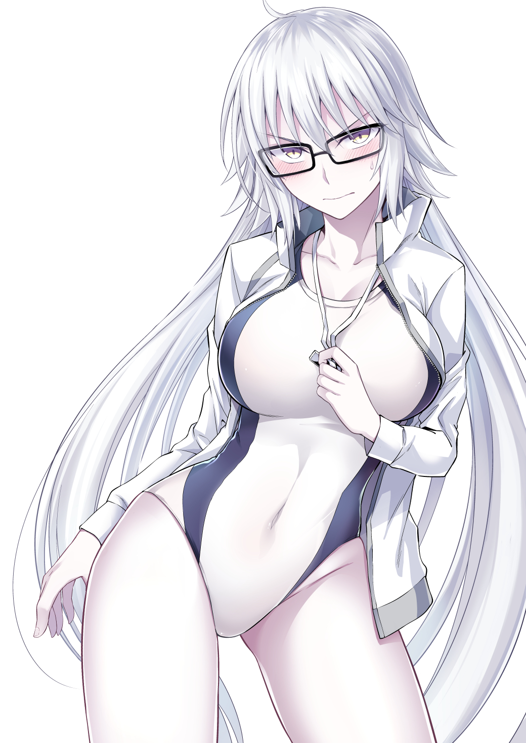 1girl, ahoge, bespectacled, blush, breasts, cleavage, commentary_request, competition_swimsuit