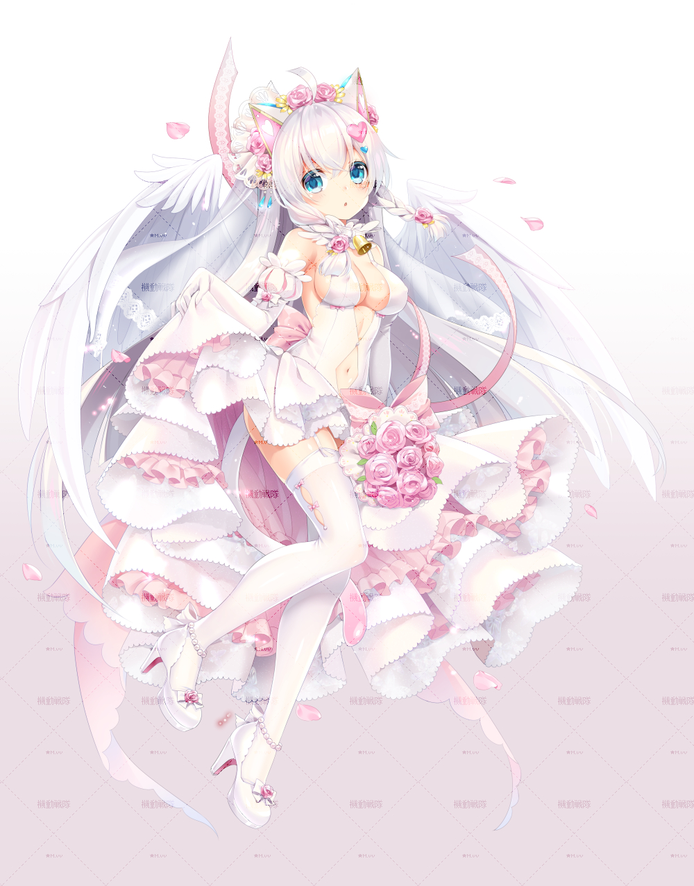 1girl, angel_wings, animal_ears, bare_shoulders, blue_eyes, bouquet, braid, breasts